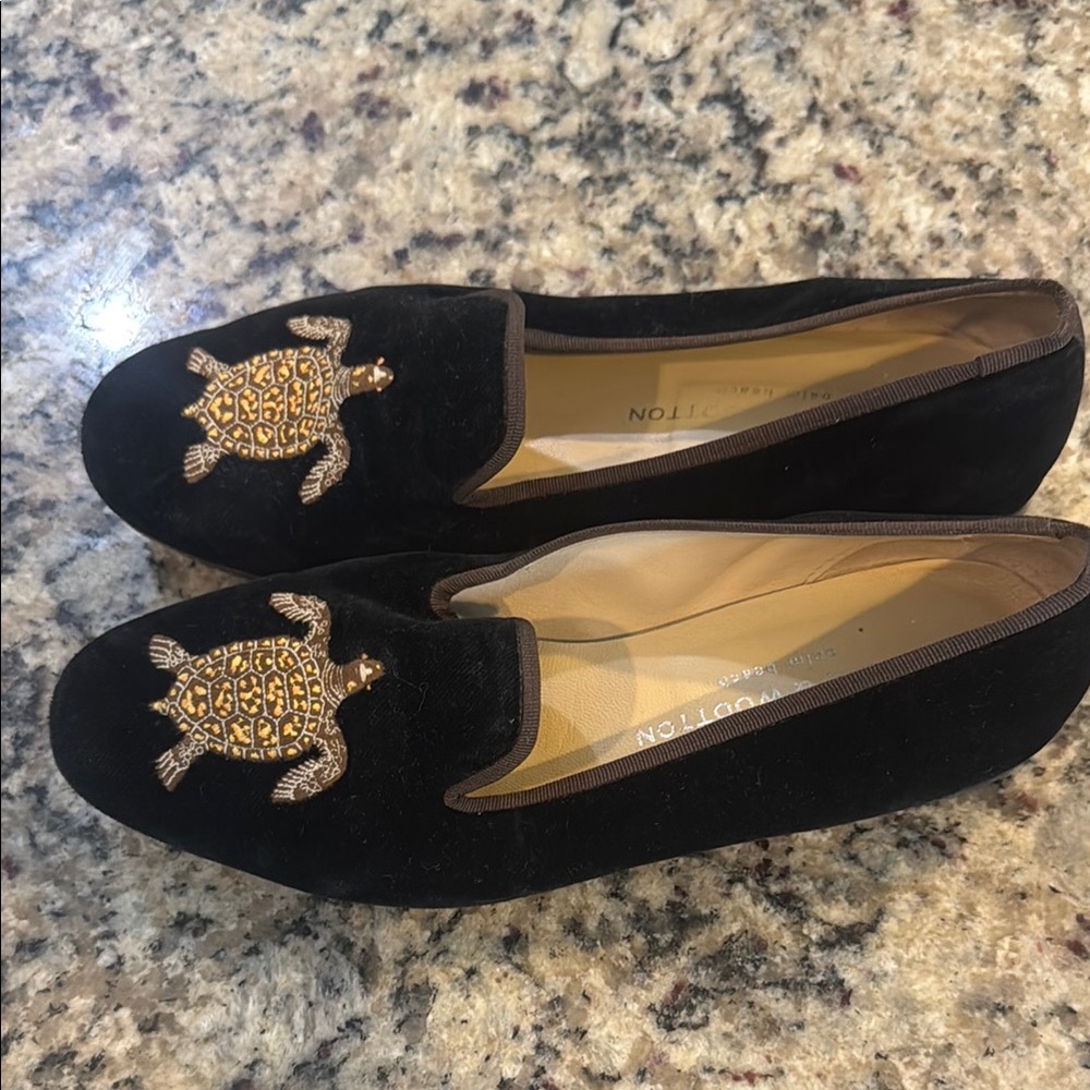 Stubbs & Wootton Black and Gold Velvet Loafers with Turtle Embroidery - Picture 4 of 5